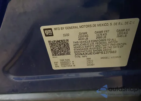 2023 Chevrolet Equinox Lt из США, поврежденный, VIN 3GNAXUEG4PS137983